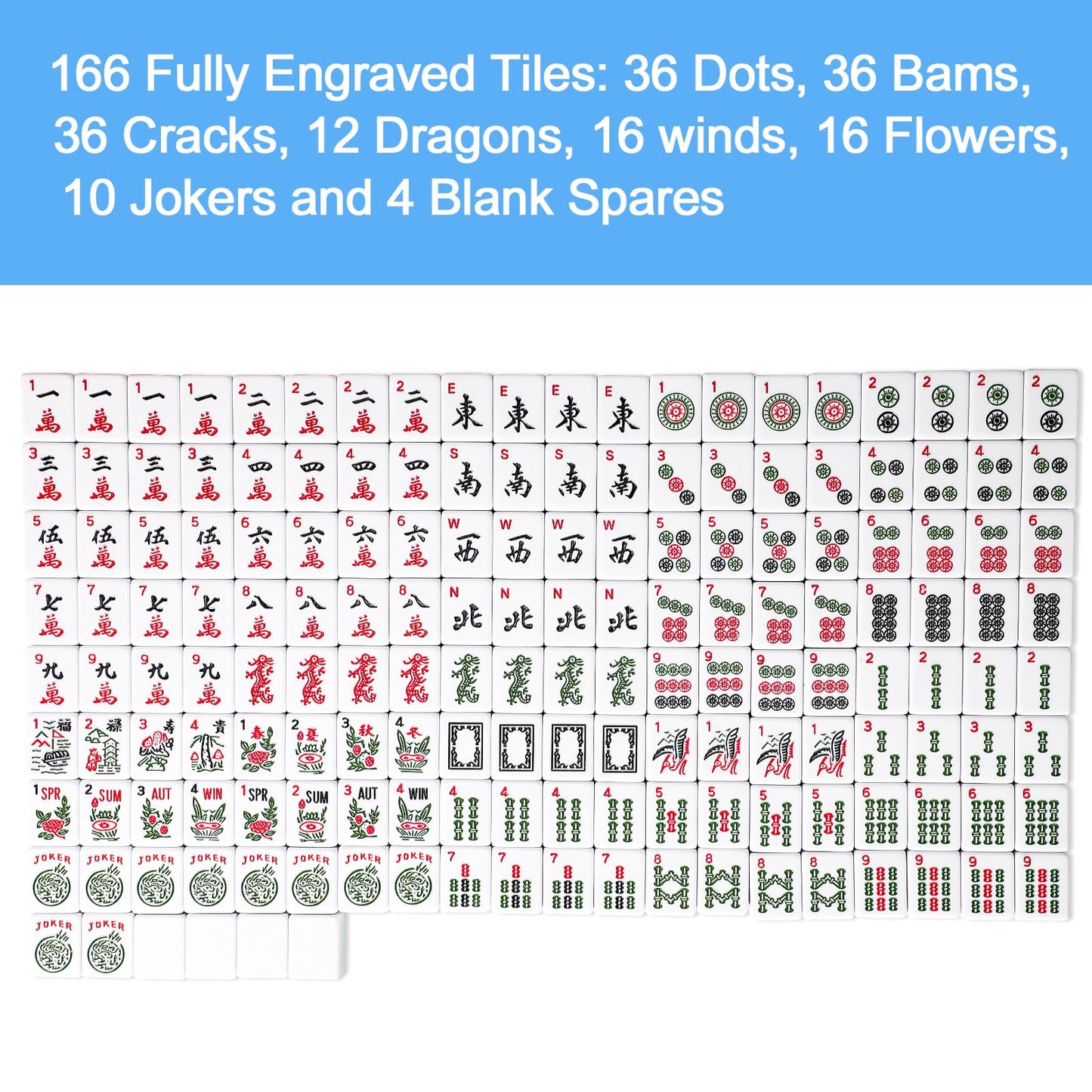 GUSTARIA American Mahjong Game Set, Mahjong Tile Set with 166 Numbered Large Tiles (1.5'', Blue), Mahjong Tiles Set with Brown C