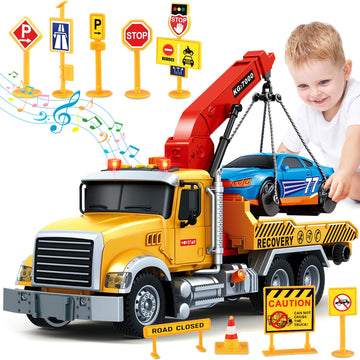 Kids Toys for 3 4 5 6 7 Years Old Boys, 15'' Large Tow Truck Toy, Friction Powered Transport Truck Crane Vehicle Toy with Lights