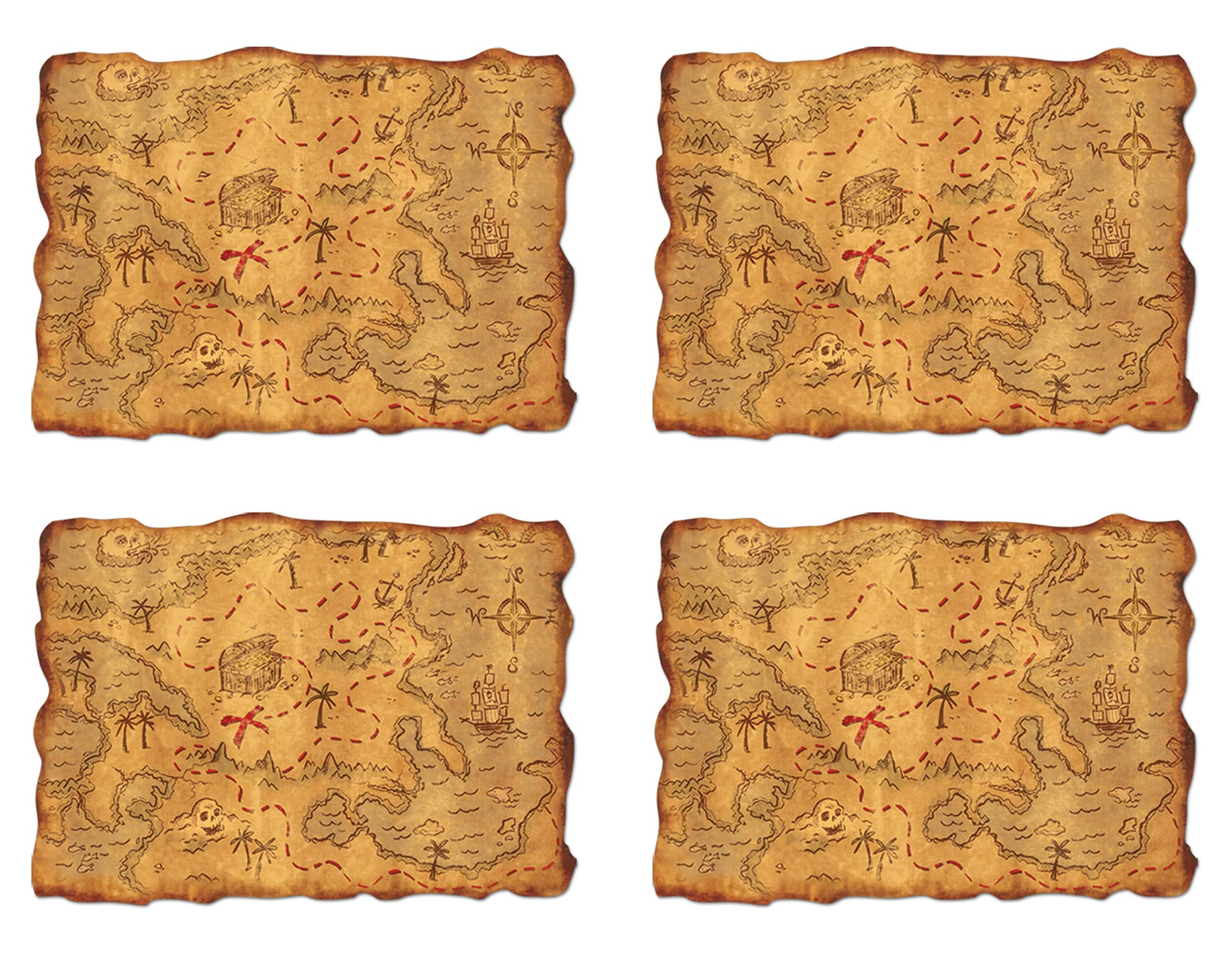 Beistle 4 Piece Plastic Adventure Treasure Maps for Pirate Theme Favors, Birthday Party Games