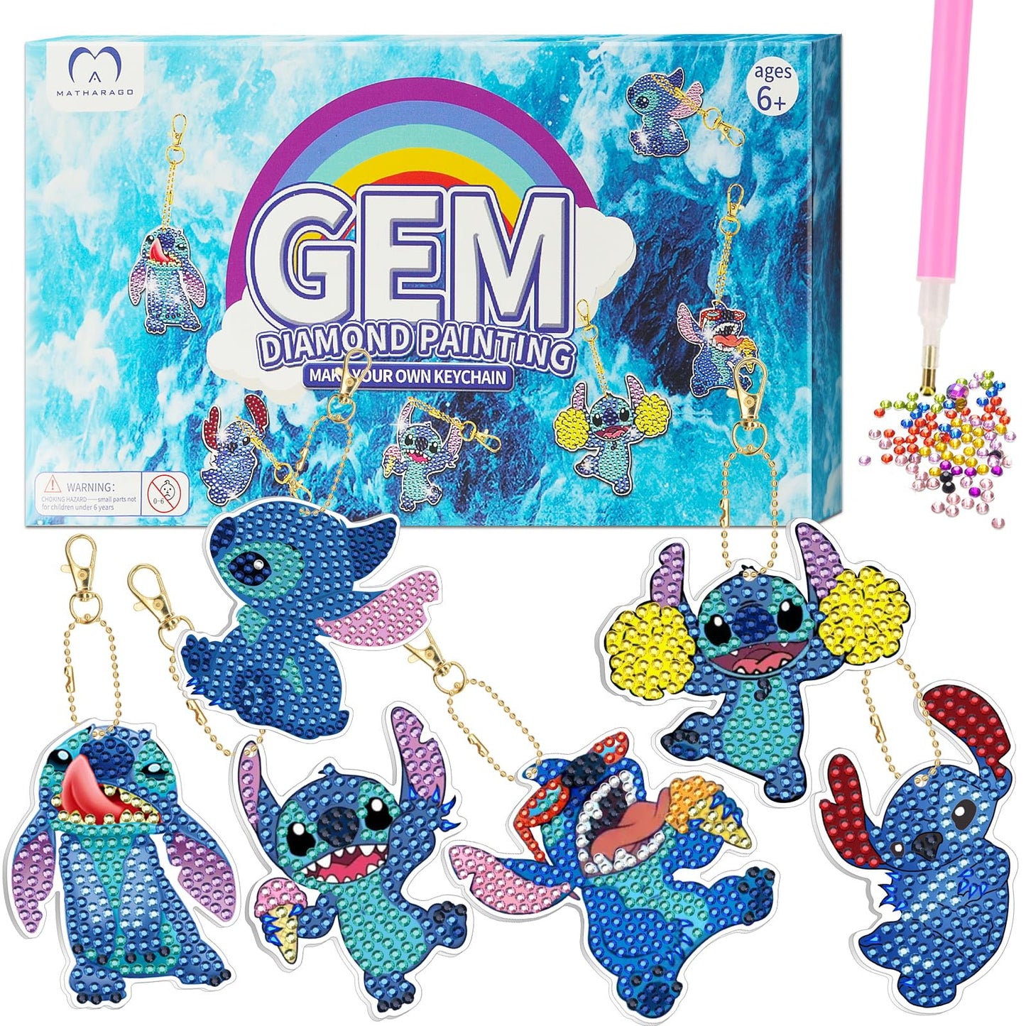 Matharago Diamond Art For Kids 6 Pcs Diy Diamond Painting Keyrings Set, Painting By Number Gem Keychains Craft Kits For Kids Age