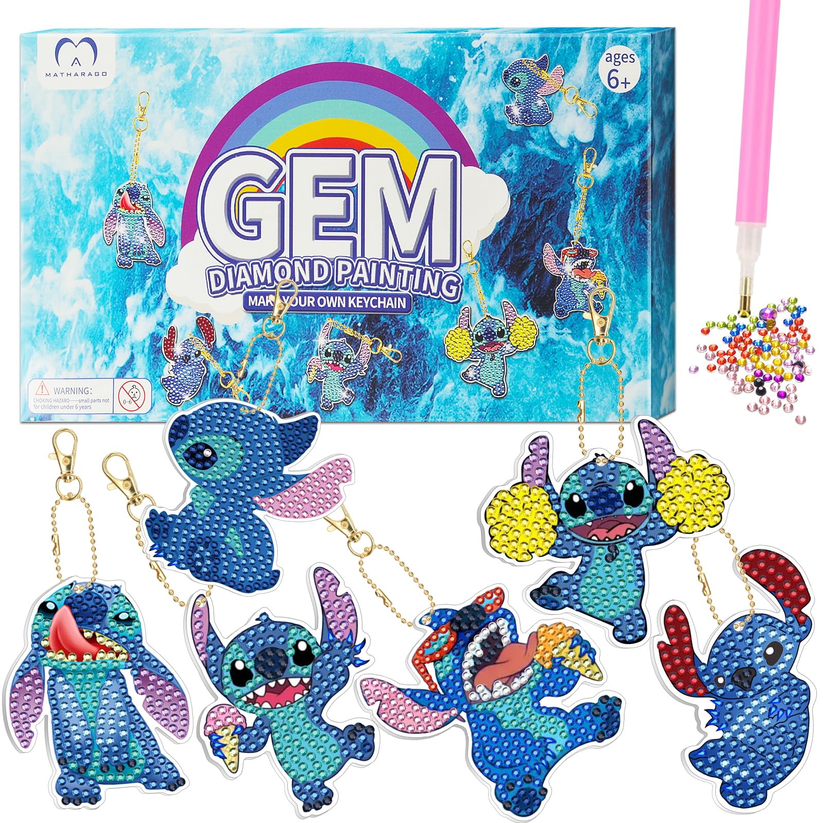 Matharago Diamond Art For Kids 6 Pcs Diy Diamond Painting Keyrings Set, Painting By Number Gem Keychains Craft Kits For Kids Age