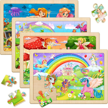 Wooden Puzzles for Kids Ages 4-6, 4 Pack with 24 Pieces Unicorn, Mermaid, Princess, Elf Wooden Puzzles for Toddlers Set, Educati