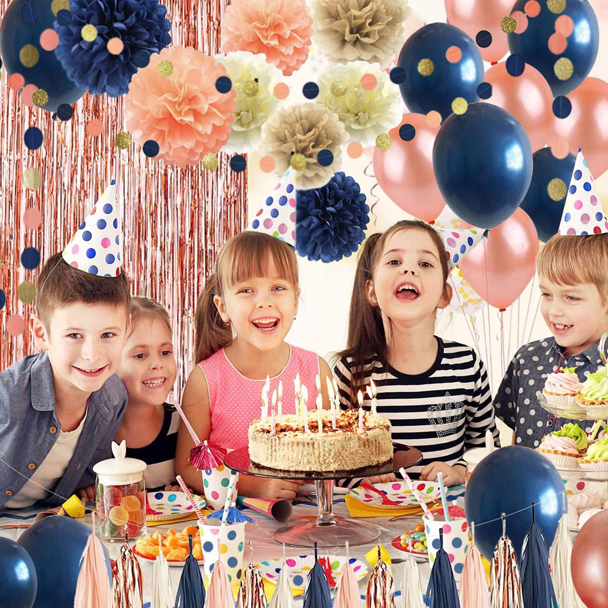 68 Pack Navy Blue Rose Gold Confetti Latex Balloons, 12 Inch Birthday Balloons With 65 Feet Balloon Ribbon For Birthday Party Wedding Graduation Bridal Shower Decorations