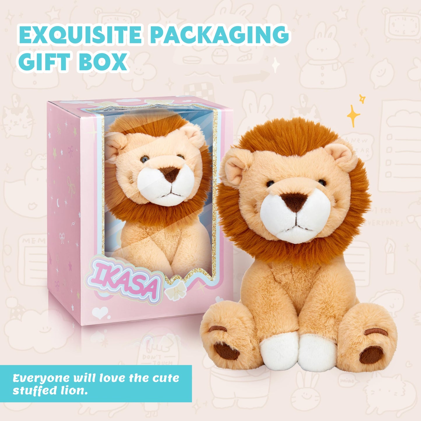 Ikasa Lion Stuffed Animals Plush Toys,10'' Cute Plushie Soft Cuddly Toy, Gifts For Family Kids Girls Boys