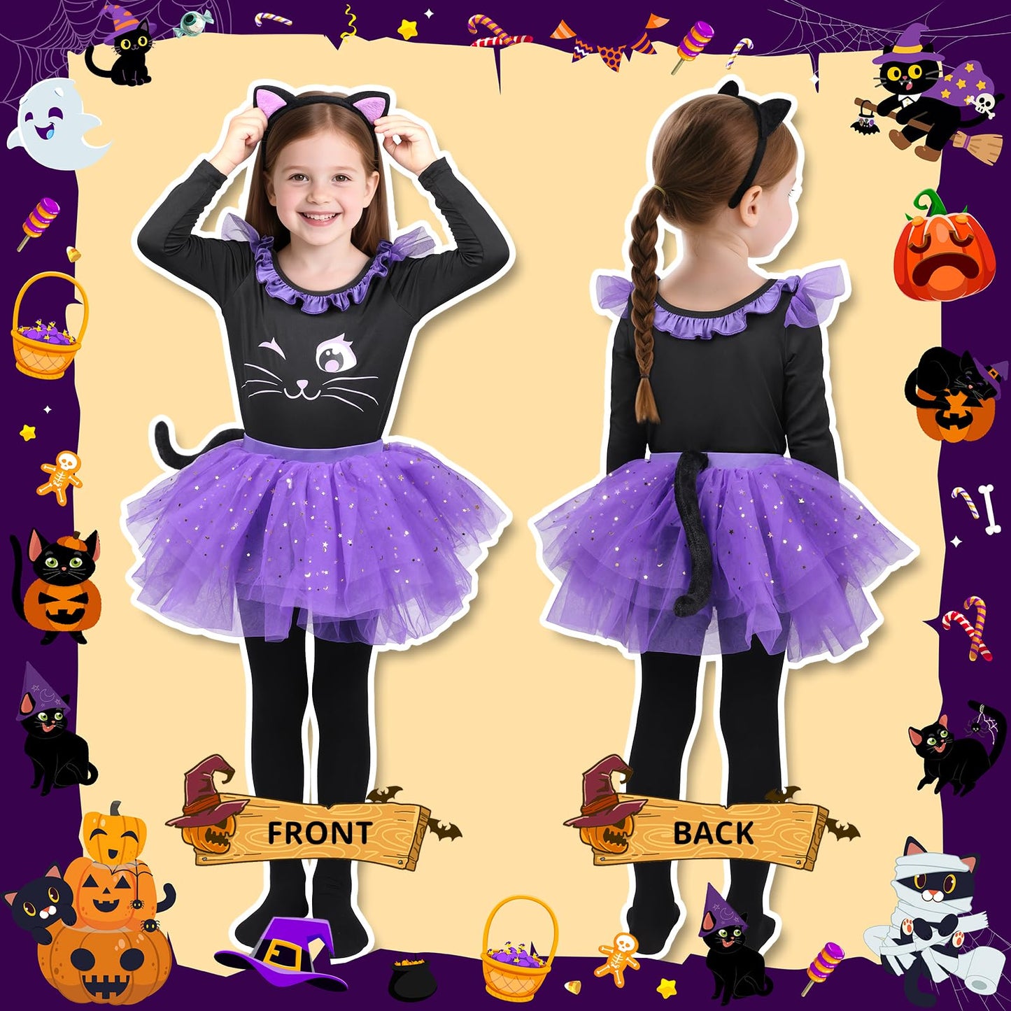 GIFTINBOX Cat Costume for Girls  Light Up Black Cat Costume  Halloween Animal Dress Up Costumes for Kids Age 3-9