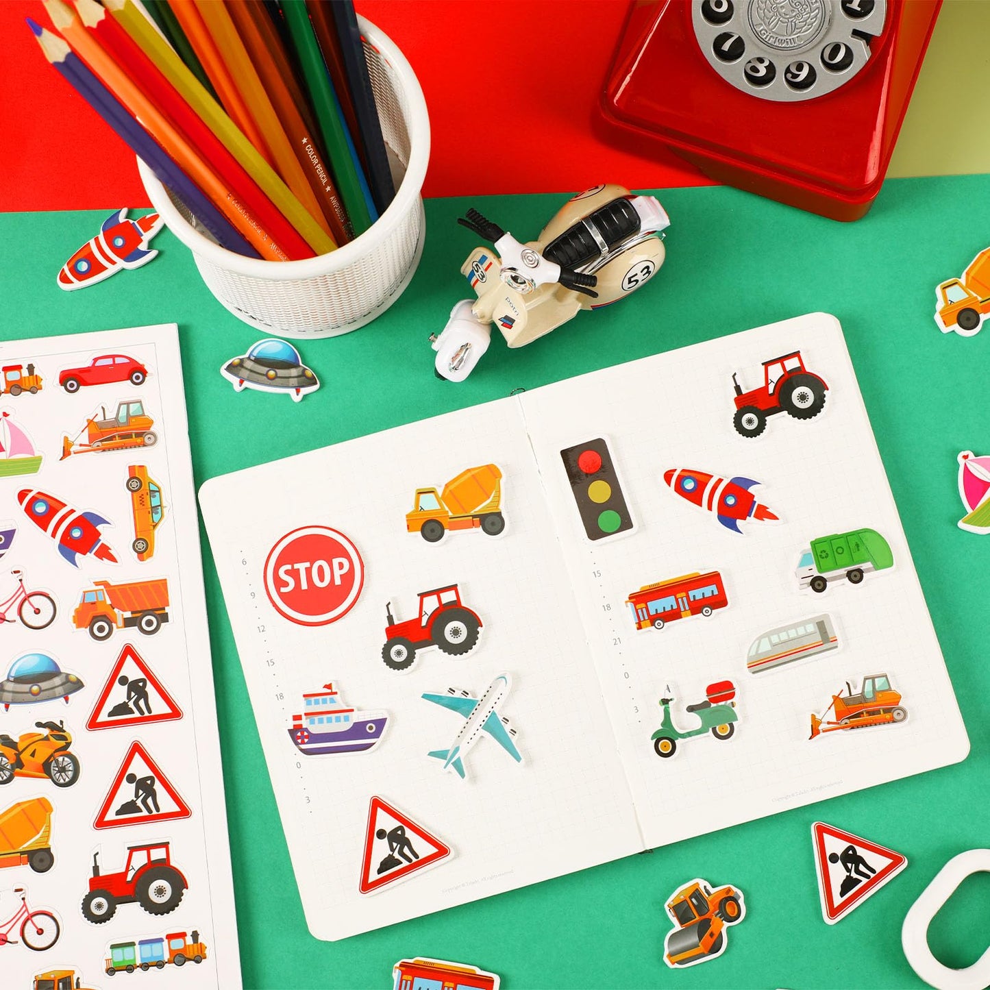 JULBEAR 300 Pieces Transportation Foam Stickers Bulk Self-Adhesive Cartoon Race Car Bus Vehicle Truck Stickers for Crafts Transp