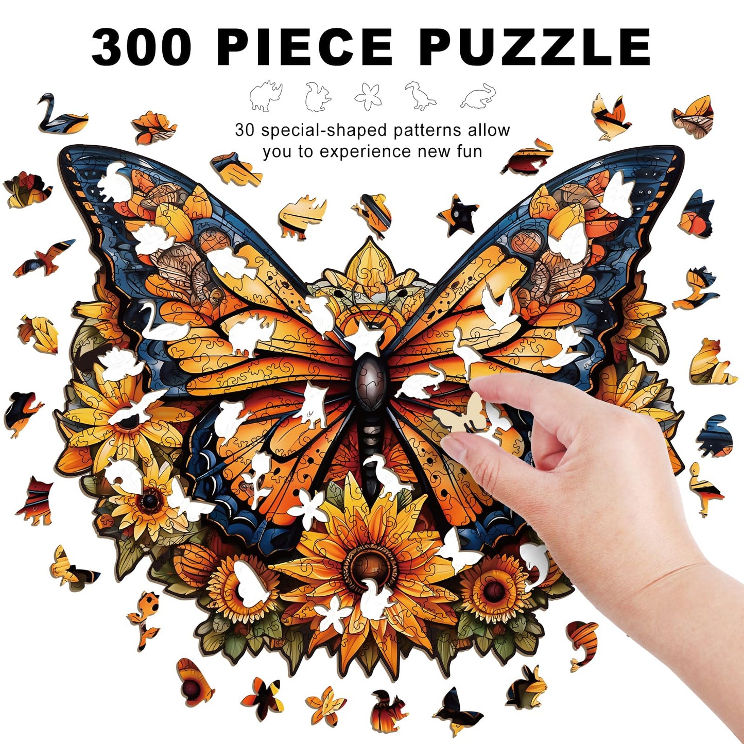 Wooden Puzzles for mature-themeds - 300 Pieces Butterfly Unique Shaped Wooden Jigsaw Puzzles for mature-themeds  King Size 16.5'' x 13.5'' mature-themed Wood Puzzles for Family Friend Game