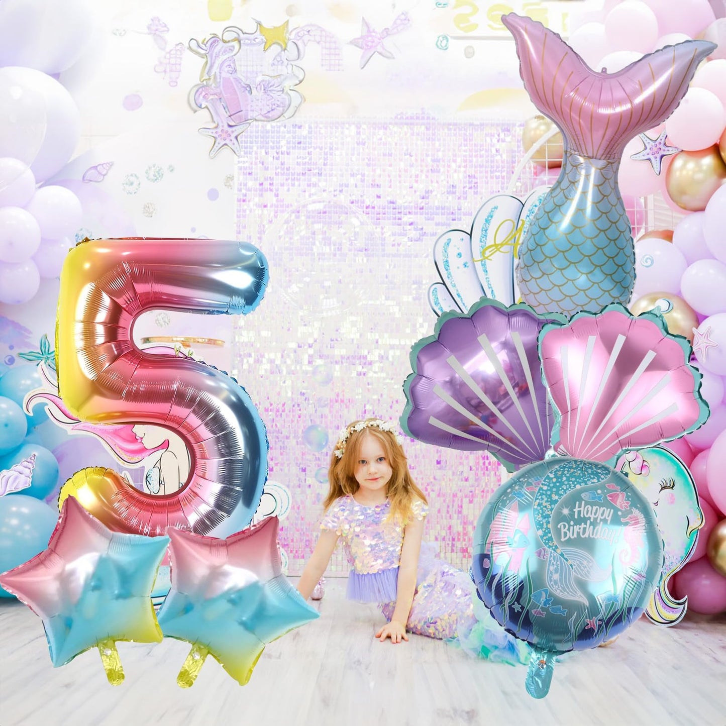Mermaid 5Th Birthday Decorations, 8Pcs Mermaid Birthday Decorations Balloons, 40 Inch Rainbow Number 5 Balloon, Large Helium Foil Mermaid Tail Balloon, Seashell Balloons For Mermaid Party Supplies