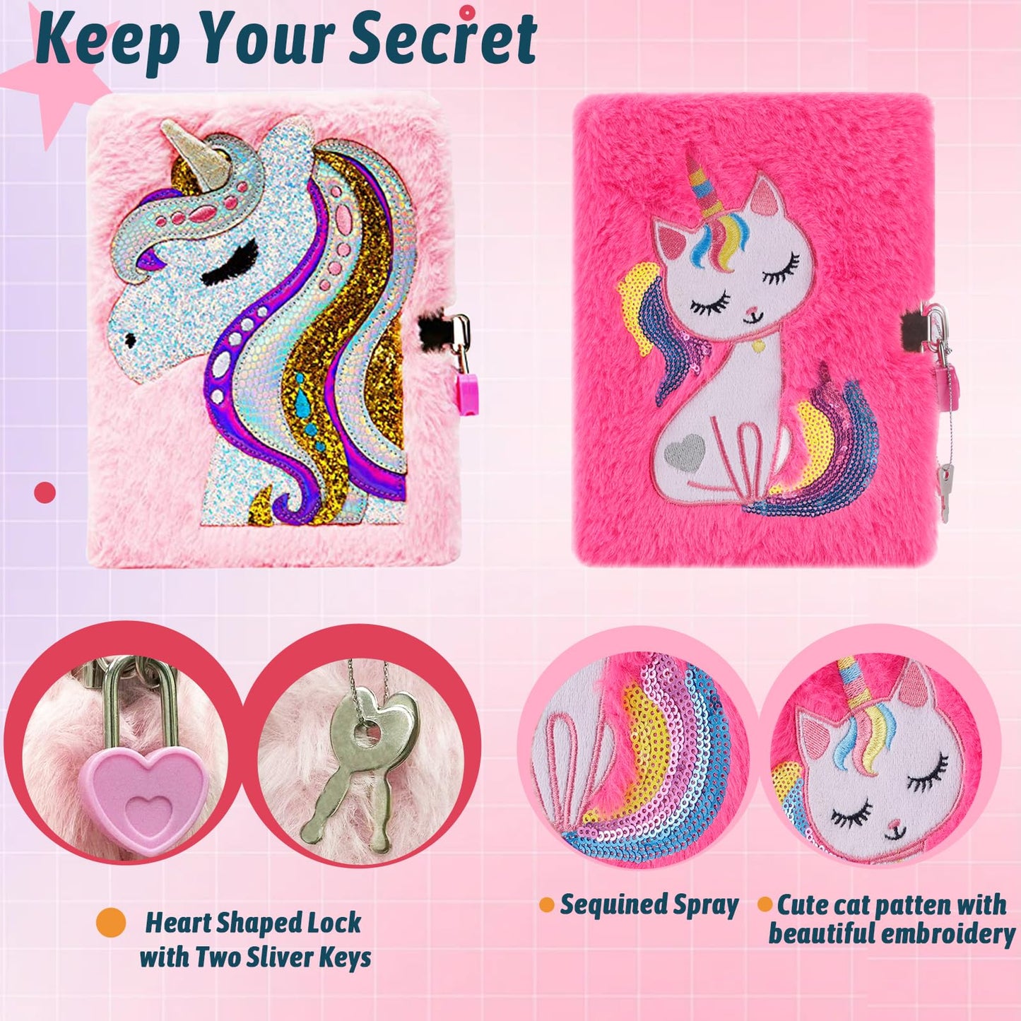 Dicvute 2Pcs Diary With Lock, Gift For 6 7 8 Years Old Girls, Fuzzy Notebook Cute Unicorn Cat Diary Secret Writing Plush Journal