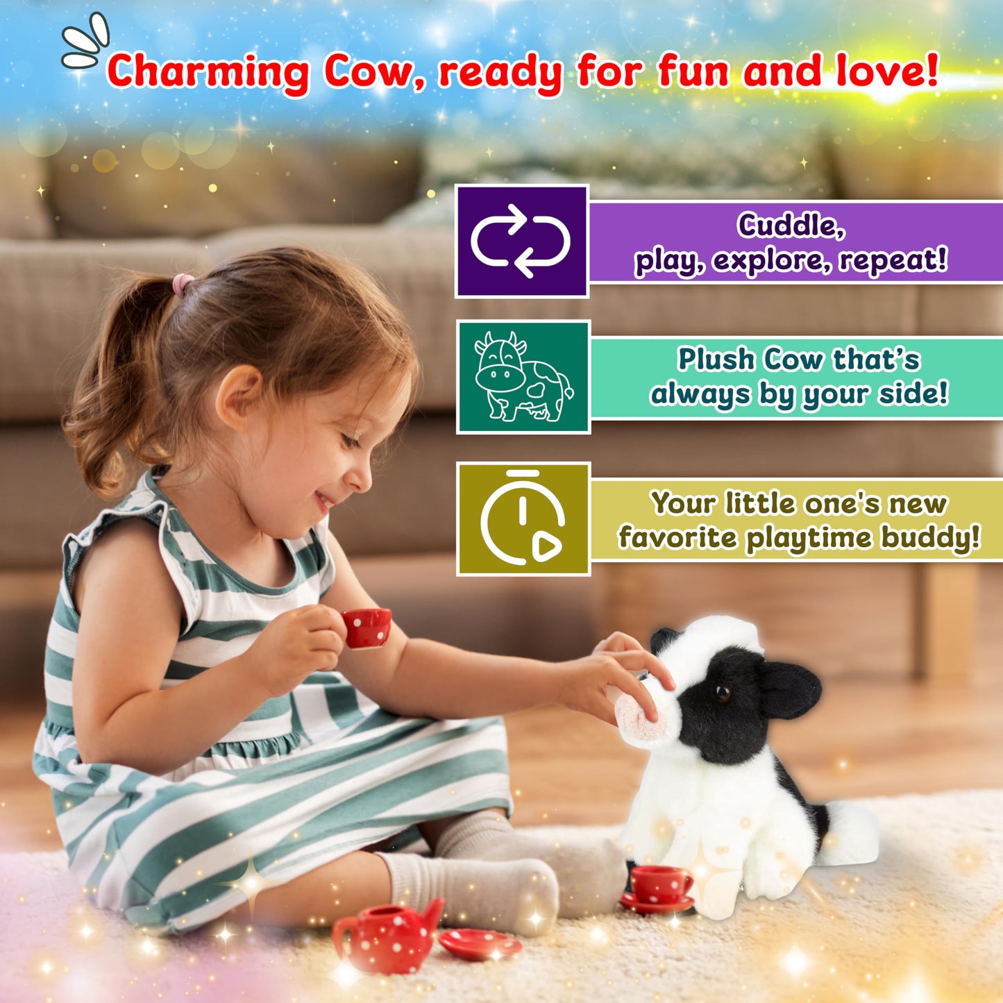 Forest & Twelfth 6'' Stuffed Cow Soft Plush Toy, Cute Stuffed Animal For Boys And Girls, Realistic Looking Small Stuffed Animals
