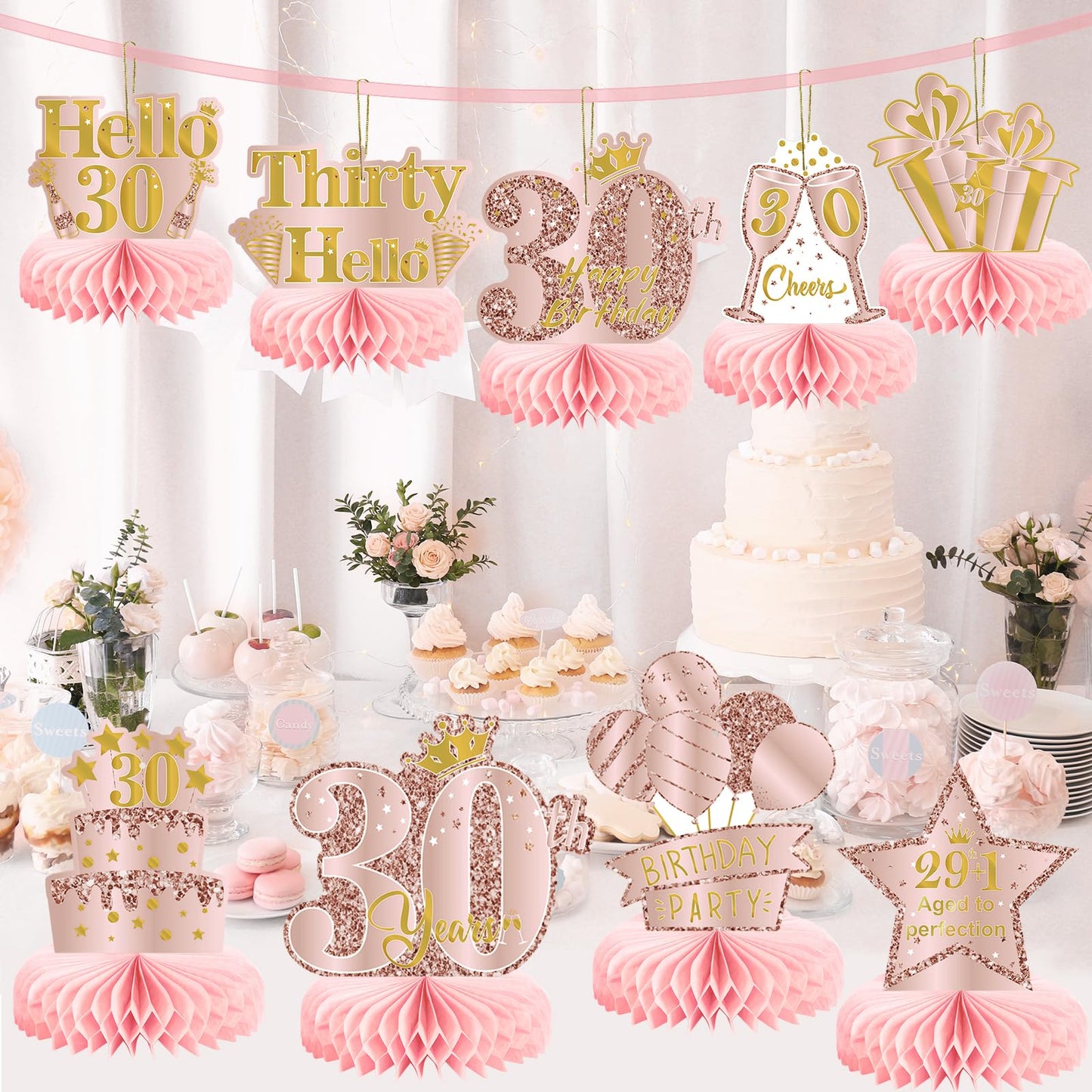9Pcs 30Th Birthday Decorations Pink Rose Gold Honeycomb Centerpieces For Women,Happy 30Th Birthday Table Centerpieces Party Supp