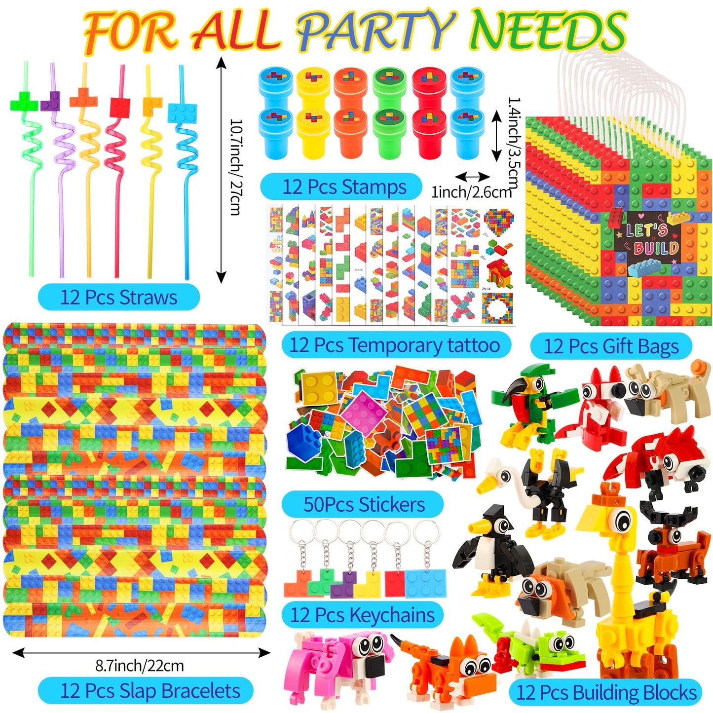 LiYiQ 134 Pcs Building Blocks Party Favors with Reusable Drinking Straws Animal Building Blocks Slap Bracelets Keychains Stamps