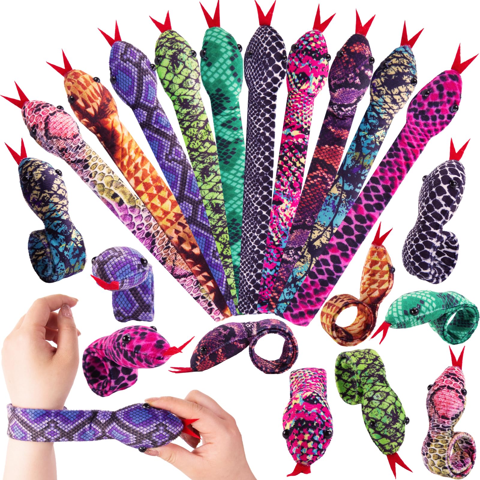 Shindel 10PCS Snake Slap Bracelets, Stuffed Snap Bands Reptile Snap Bracelets Fuzzy Animal Bracelet for Birthday Party Favors Ha