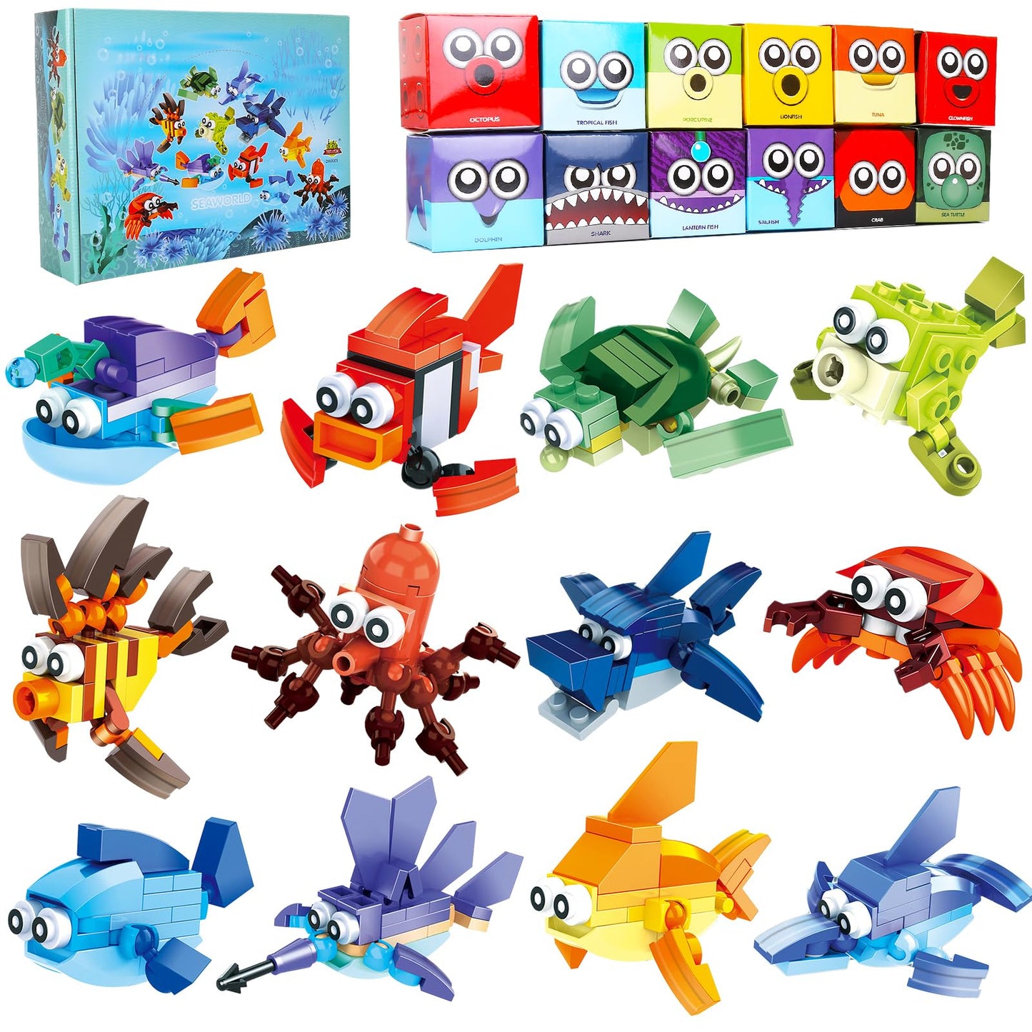 Party Favors For Kids Goodie Bags ,12Pcs Mini Building Blocks Ocean Animal, Sea Creatures Building Blocks Set，Building Sets Stem Toys For Birthday Party Gift,Goodie Bags, Prize,Cake Topper