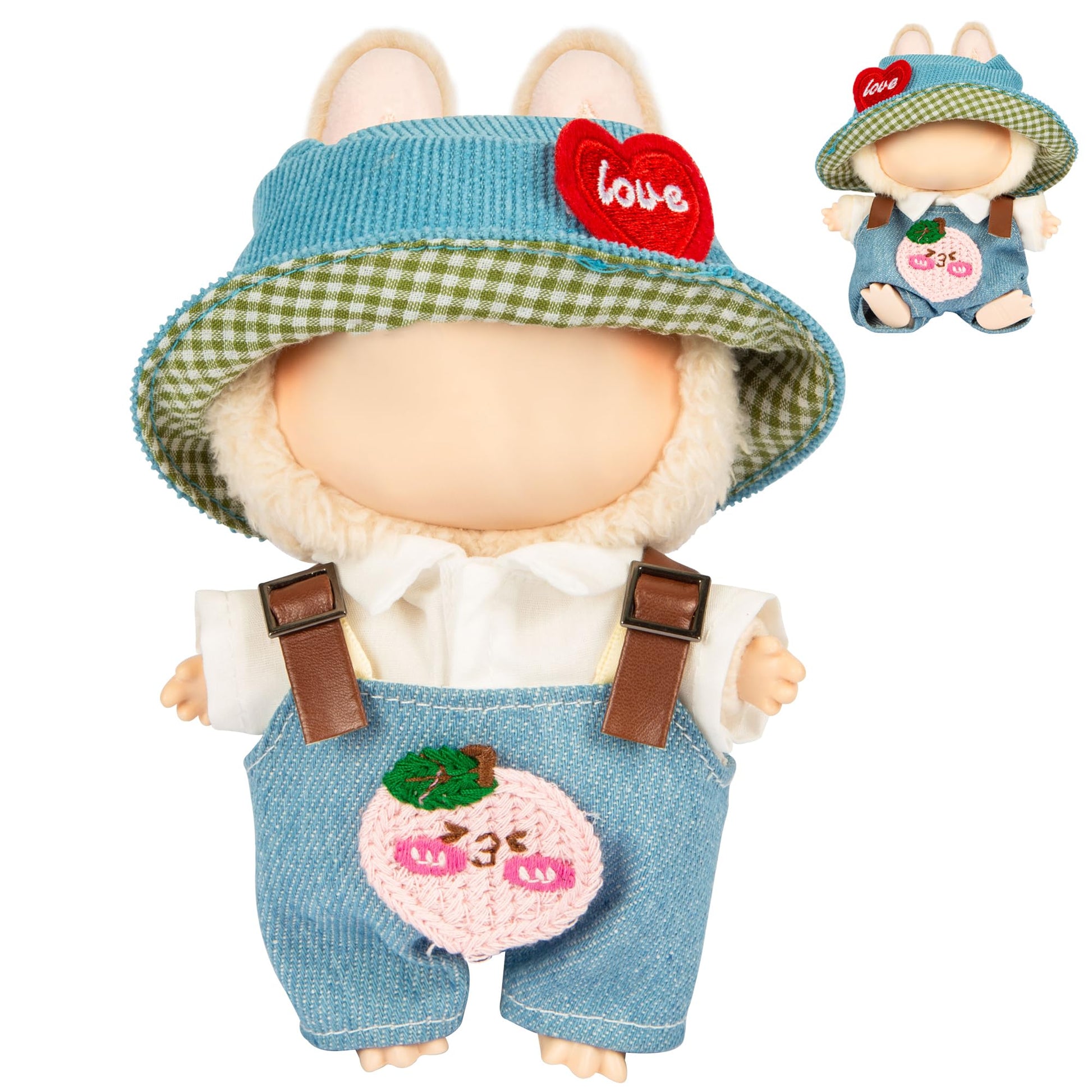 3-Piece Doll Clothes for 17cm Doll - Stylish Fisherman Hat Set  Kawaii Doll Outfits with Accessories for Collectors or Display - Blue Peach (No Doll)