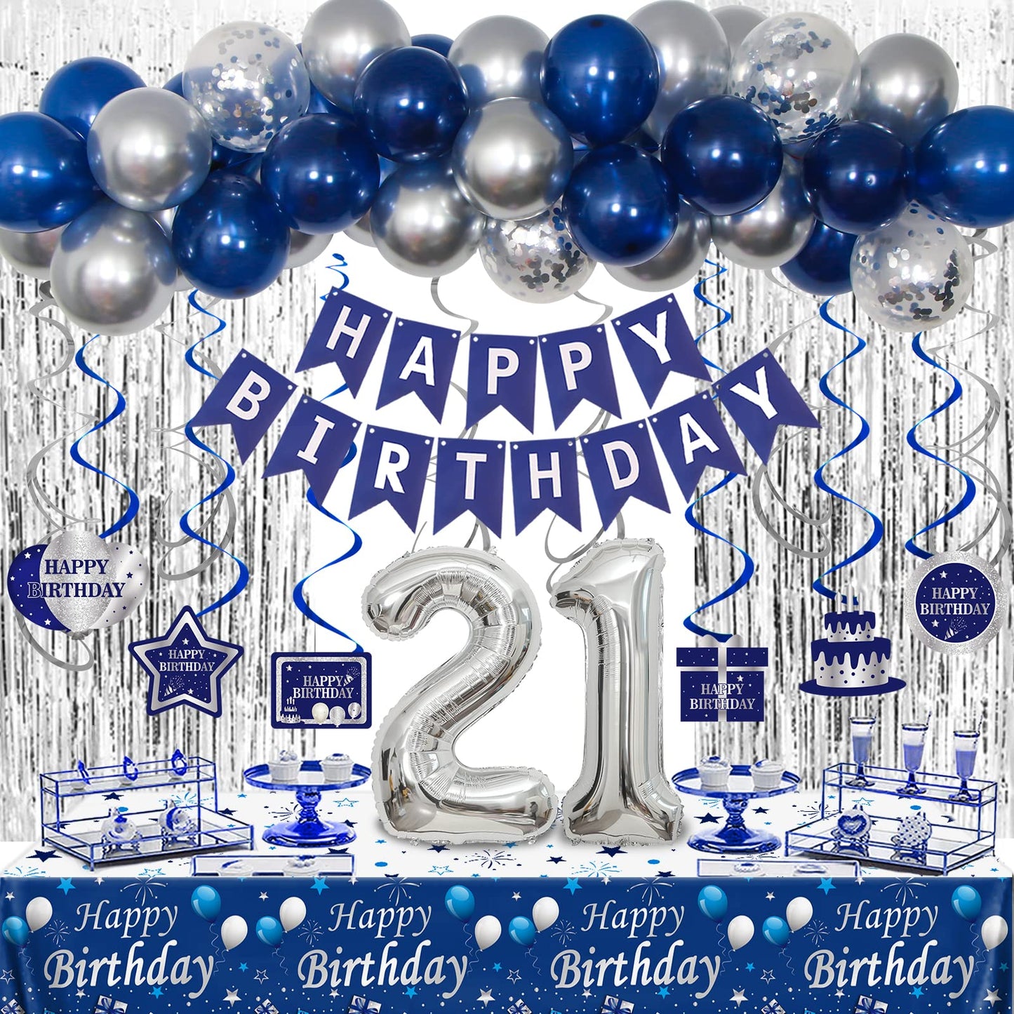 21St Birthday Decorations For Him, Blue Silver Happy 21St Birthday Decorations For Boys Men, 21St Birthday Balloons Banner Table