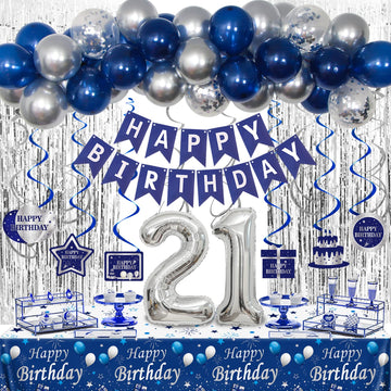 21St Birthday Decorations For Him, Blue Silver Happy 21St Birthday Decorations For Boys Men, 21St Birthday Balloons Banner Table