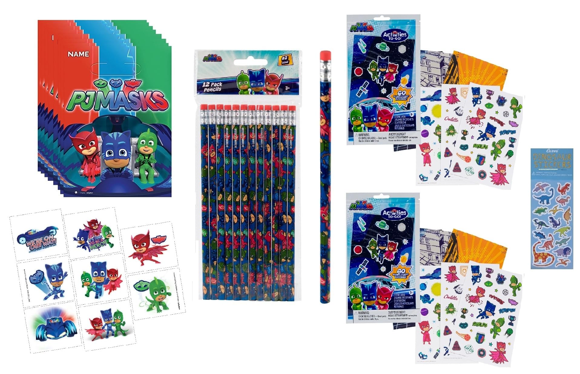 PJ Masks Birthday Party Supplies Favor Bundle Pack includes 8 Plastic Loot Bags, 8 Tattoos, 12 Pencils, 6 Sticker Sheets with 12