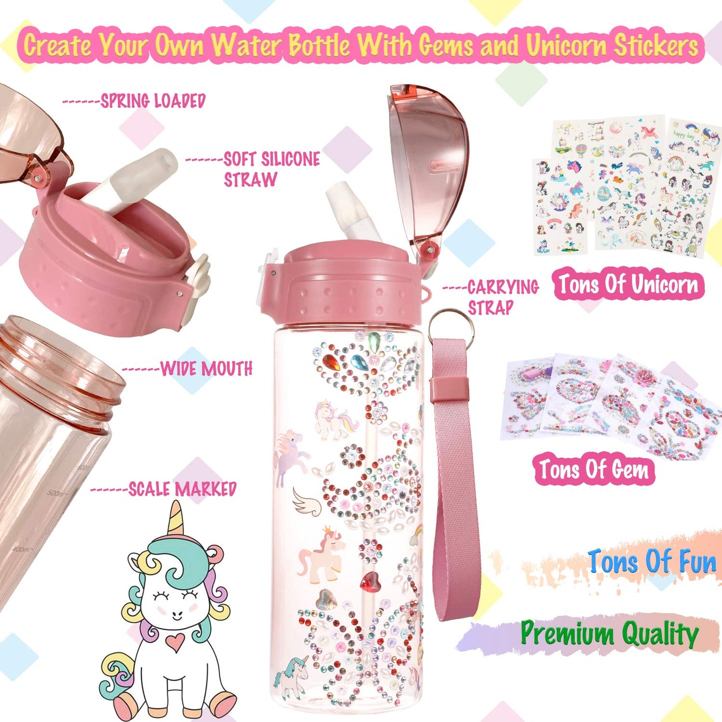 Y YOFUN Decorate Your Own Water Bottle with Tons of Glitter Gem & Unicorn Stickers, BPA Free Tritan Material, 20 oz, Kids Craft