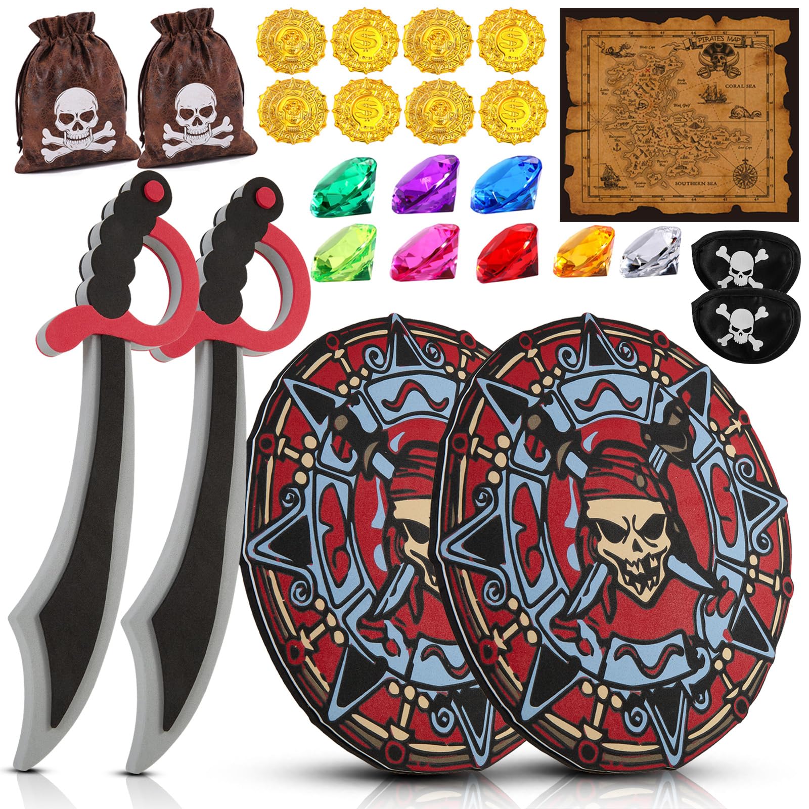 RICHNESS Kids Play decorative replica blades and Shields Foam decorative replica blade and Shield with Pirate Map and Treasures Toy  for Kids Dress Up and Costumes Pack of 2 Players  