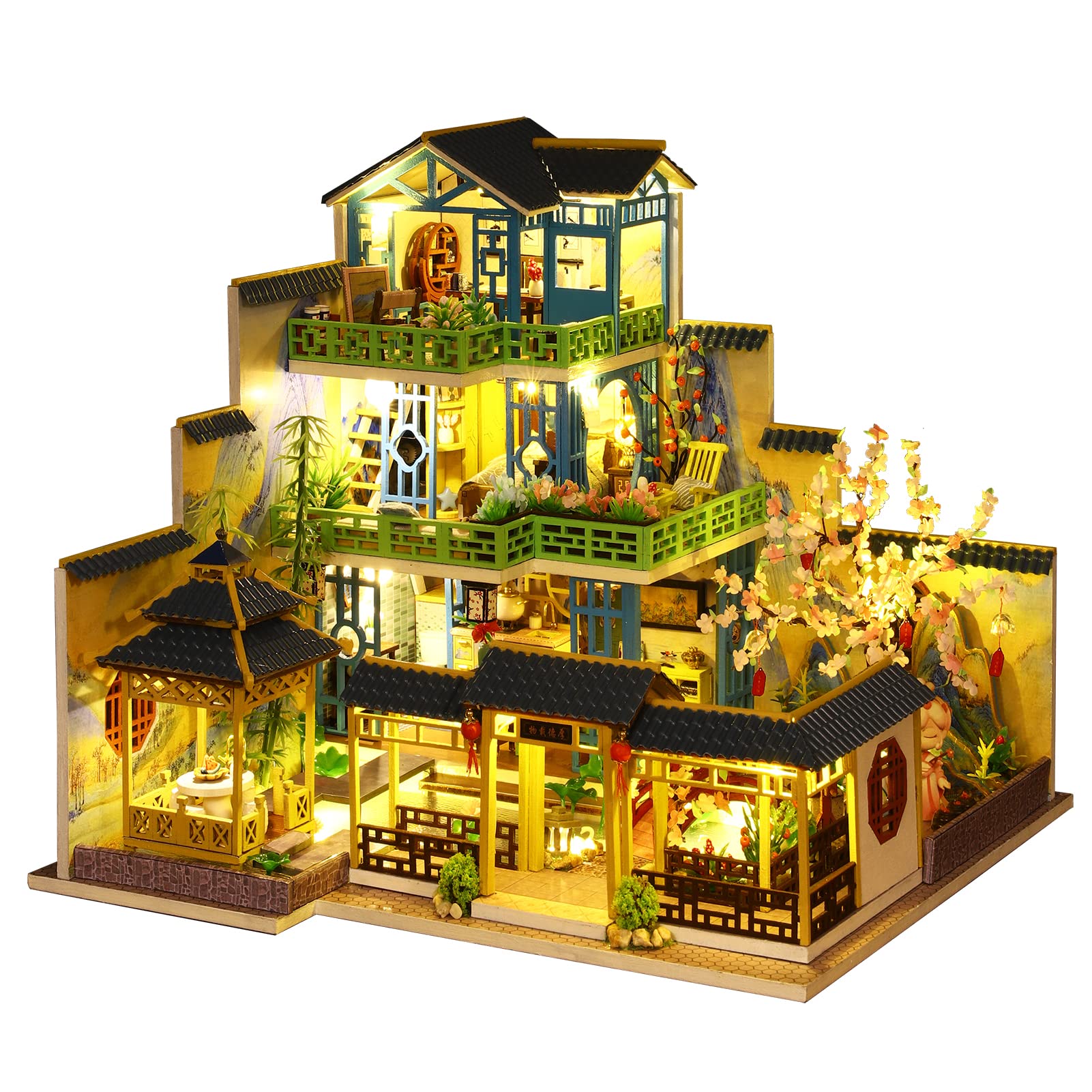 Spilay Dollhouse DIY Miniature Wooden Furniture Kit Mini Handmade Big Castle Model with LED & Music Box 1:24 Scale Creative Doll House Toys for mature-themed Gift