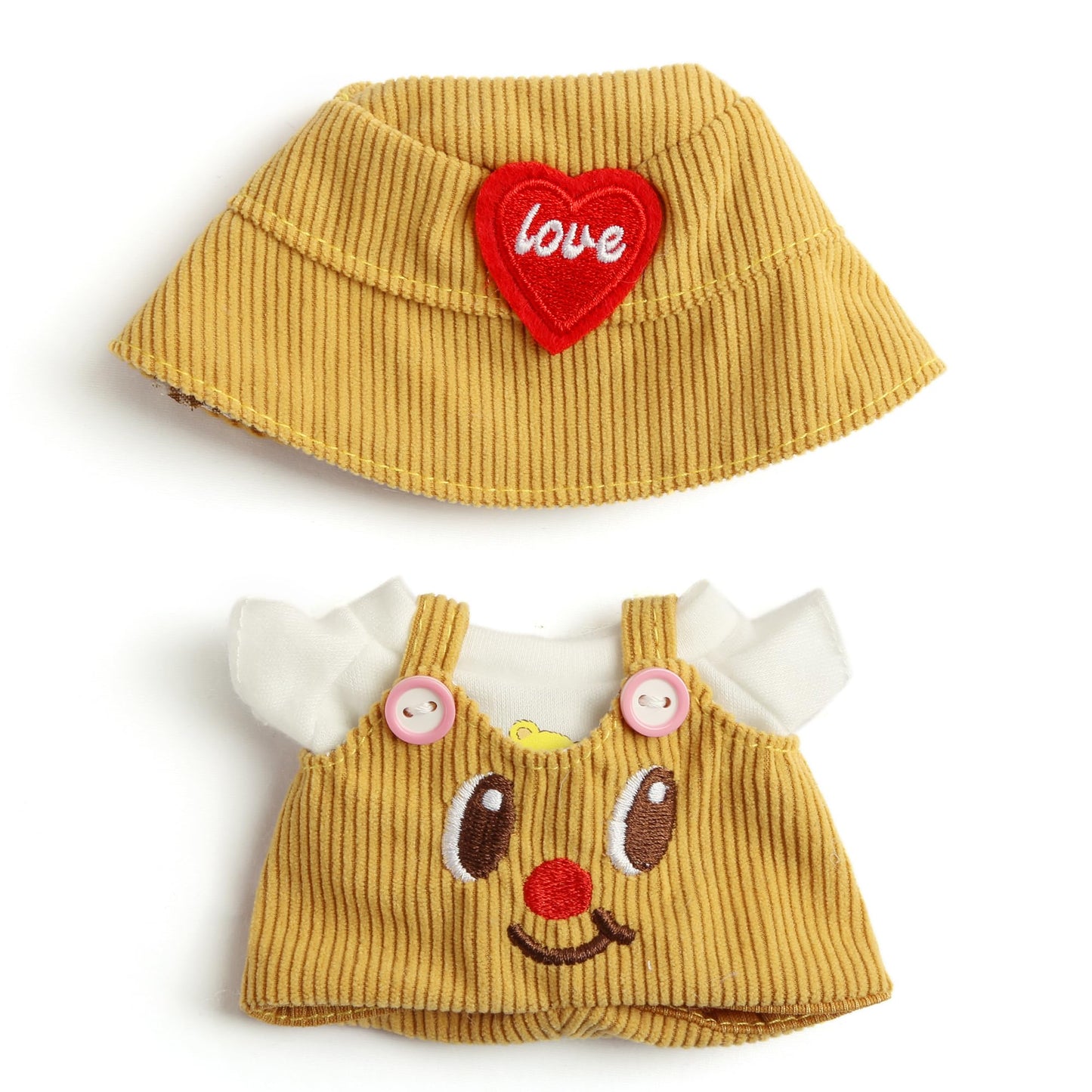 3-Piece Doll Clothes for 17cm Doll - Stylish Fisherman Hat Set  Kawaii Doll Outfits with Accessories for Collectors or Display - Yellow Smiley (No Doll)