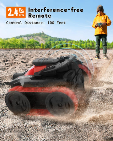 Eulogia RC Tracked Tank, Remote Control Stunt Car, 360-degree Upright Rotations, Multi-Driving with Headlight, All-Terrain Car T