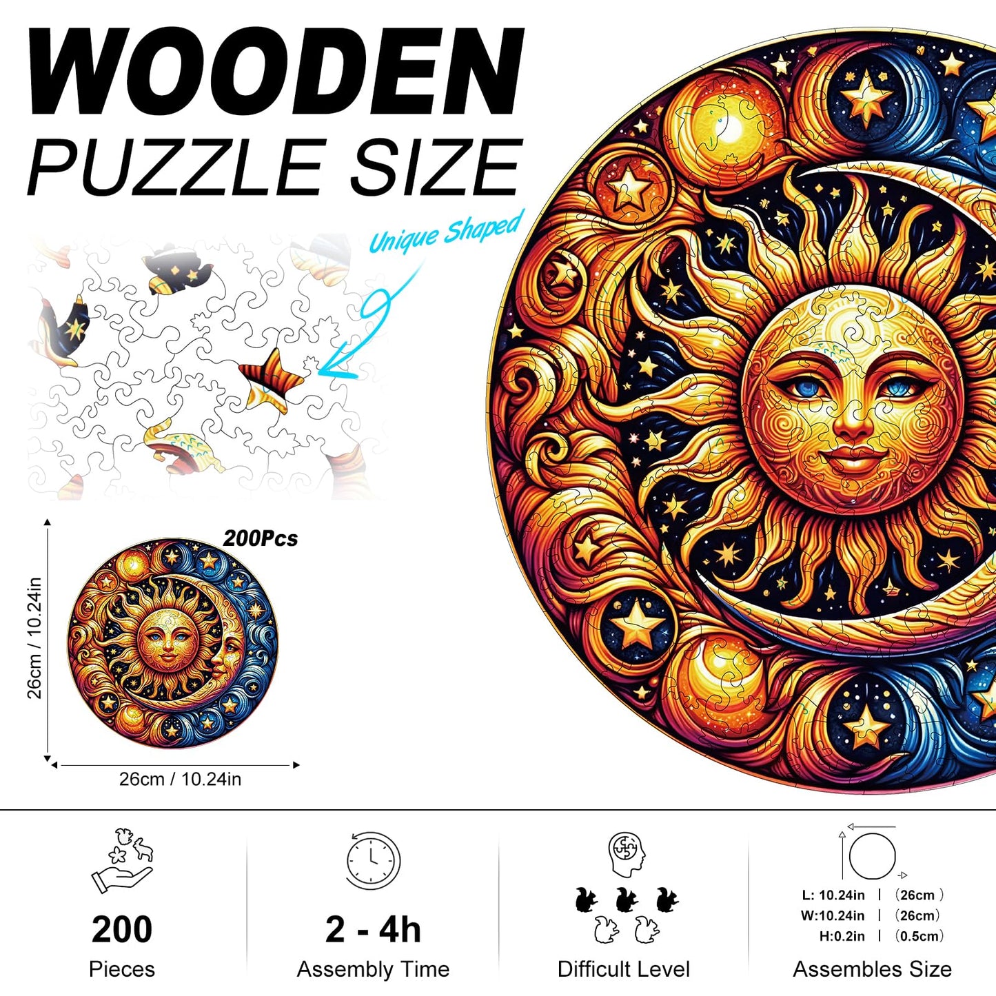 Sun and Moon Wooden Puzzles for mature-themeds  200pcs Wooden Jigsaw Puzzles for mature-themeds  Sun and Moon Unique Shaped Jigsaw Puzzles Creative Gift for Friend Family Game Medium Size 10'' x 10''
