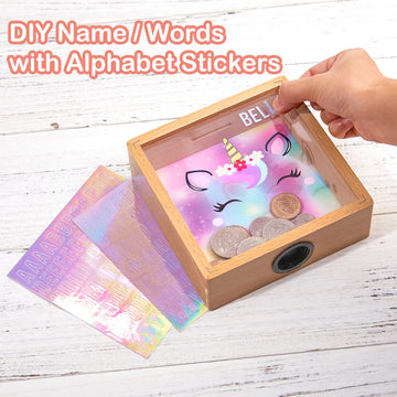 Piggy Bank Girls, Wooden Piggy Bank For Kids Unicorn Money Bank Coin Bank With Diy Letter Stickers,Colorful