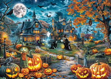 Halloween Puzzle for mature-themeds 1000 Pieces Bats Full Moon Haunted House Witches Pumpkins Jigsaw Puzzles for mature-themeds and Kids 1000 Piece Dark Fantasy Halloween Scene
