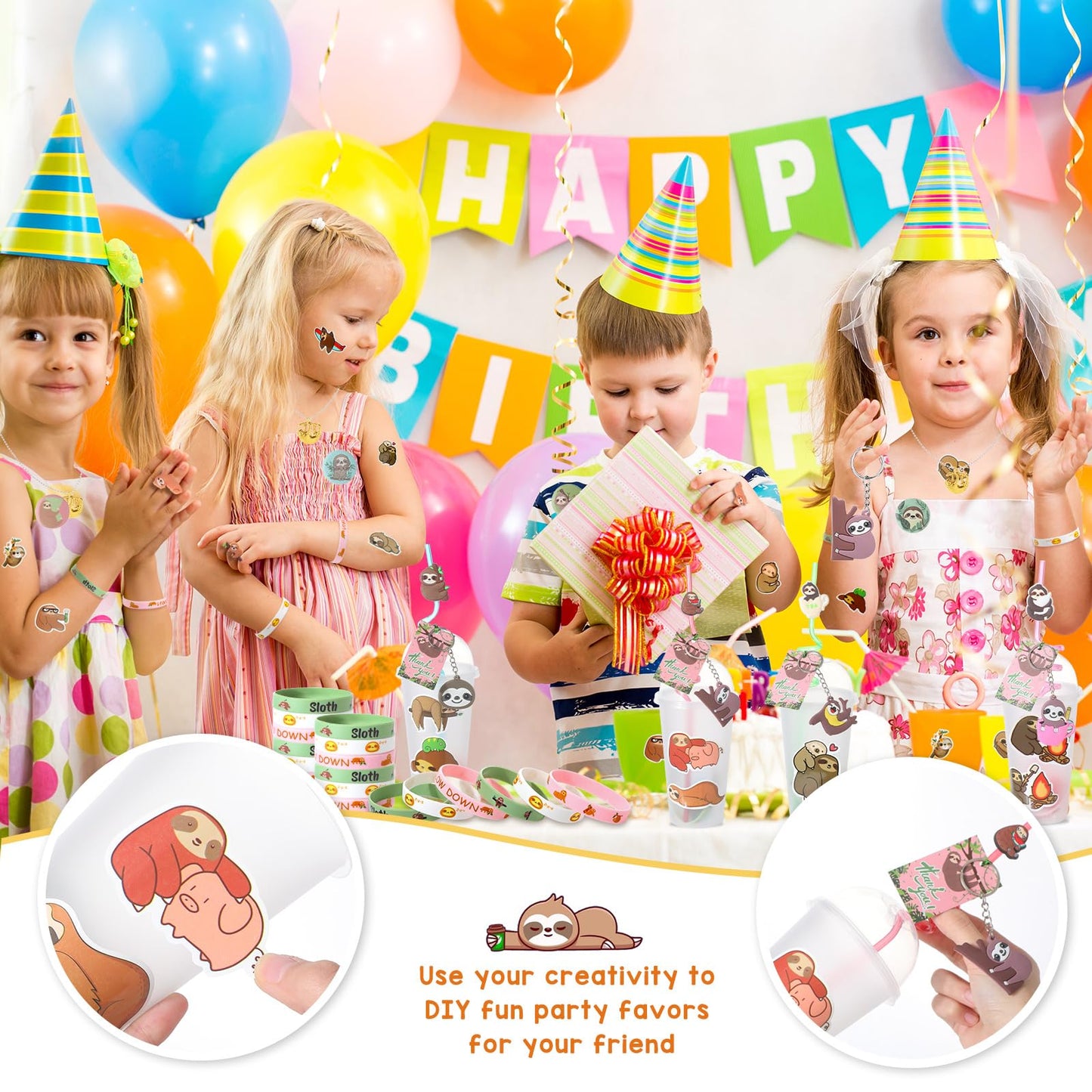 Chivertion 195 Pcs Sloth Birthday Party Favors for 16 Kids Include Keychain Necklace Silicone Bracelet Ring Badge Stamp Sticker