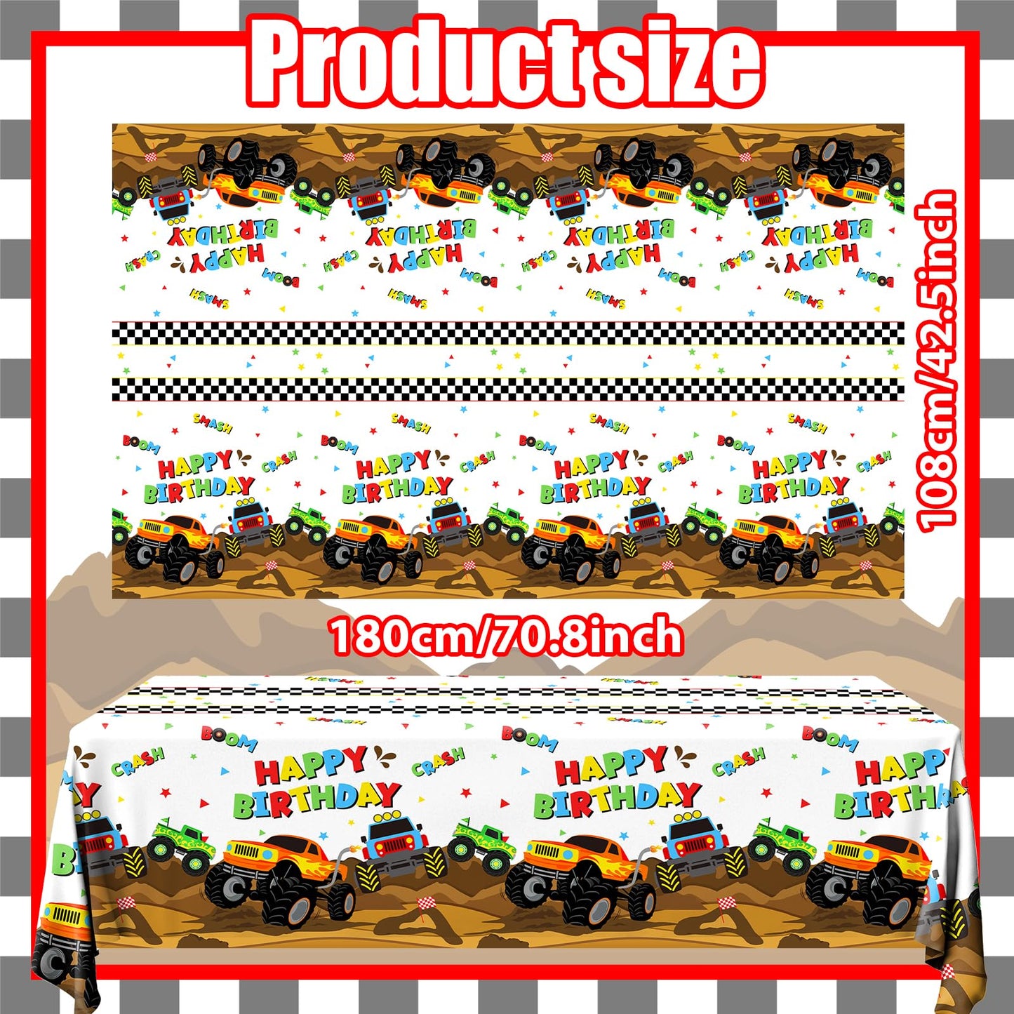 Dydamud Monster Truck Tablecloth,Monster Machine Birthday Party Supplies 3 Pcs Disposable Machine Truck Table Cover Checkered Ta