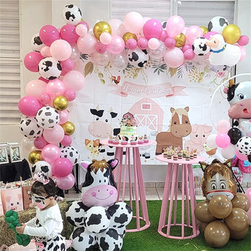 Cow Theme Balloon Arch Garland Kit, Pastel Pearl Pink Gold White Cow Print Latex Balloons Cowgirl First Rodeo Balloon Arch Kit F