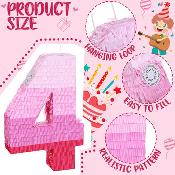 Number Pinata Number Birthday Pinata Decorations Gradient Pink Pinata With Stick Blindfold Confetti For Girls Boys Birthday Anniversary Party Decorations Supplies (Number 4)
