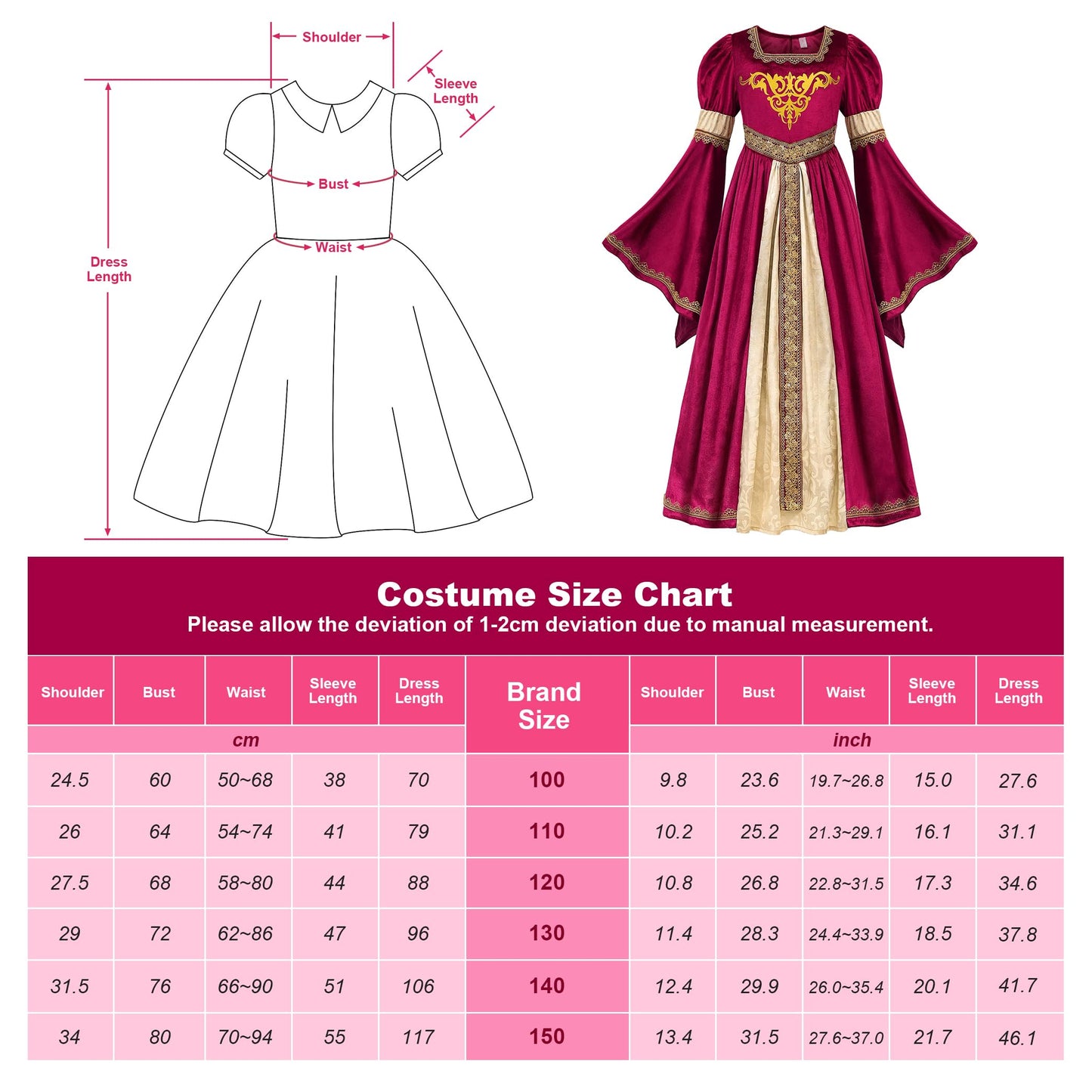 ReliBeauty Medieval Princess Costume for Girls,130