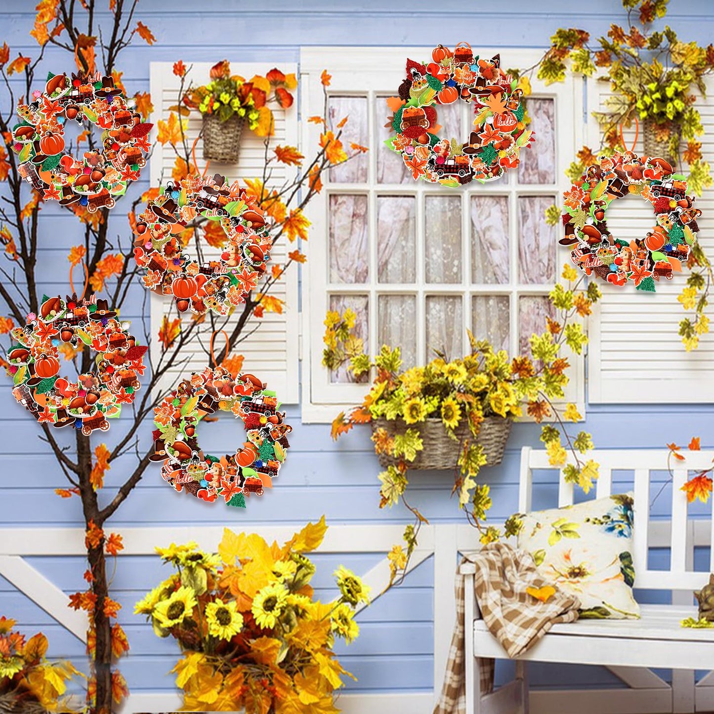12 Sets Thanksgiving Wreath Decorations, Thanksgiving DIY Foam Wreath Signs Fall Craft Kit Turkey Maple Leaves Pumpkin Foam Stic