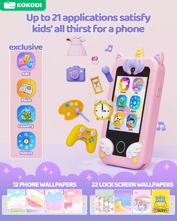 KOKODI Kids Smart Phone Toys, Birthday Gifts Unicorn Toddler Play Phone for Girls 3-10, Touchscreen HD Dual Camera Cell Phone fo