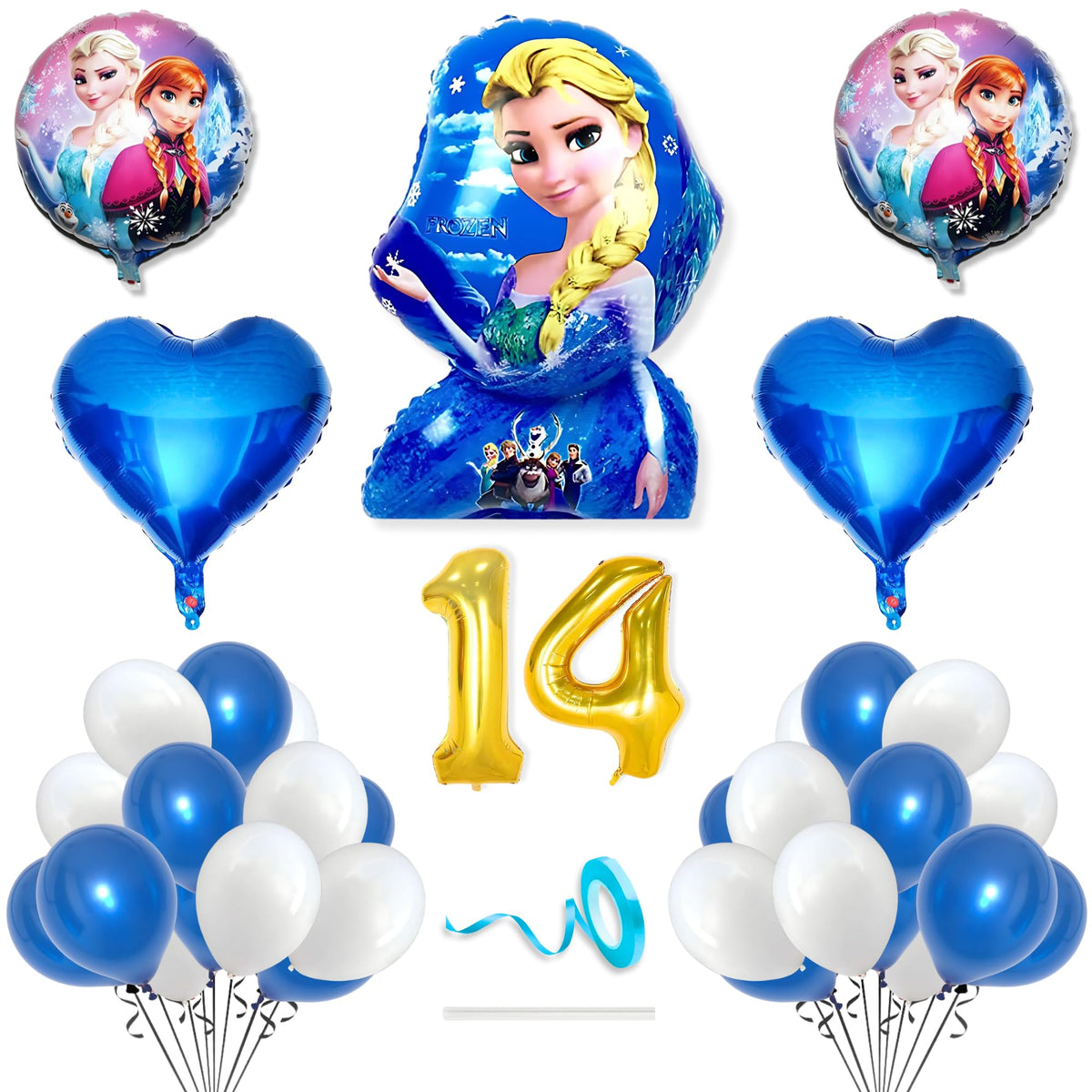 Flyloons 14Th Frozen Theme Birthday Decorations Kit Blue White For 14 Year Old Baby Boys Girls Kids 5 Pcs Elsa Anna Theme 30 Pcs