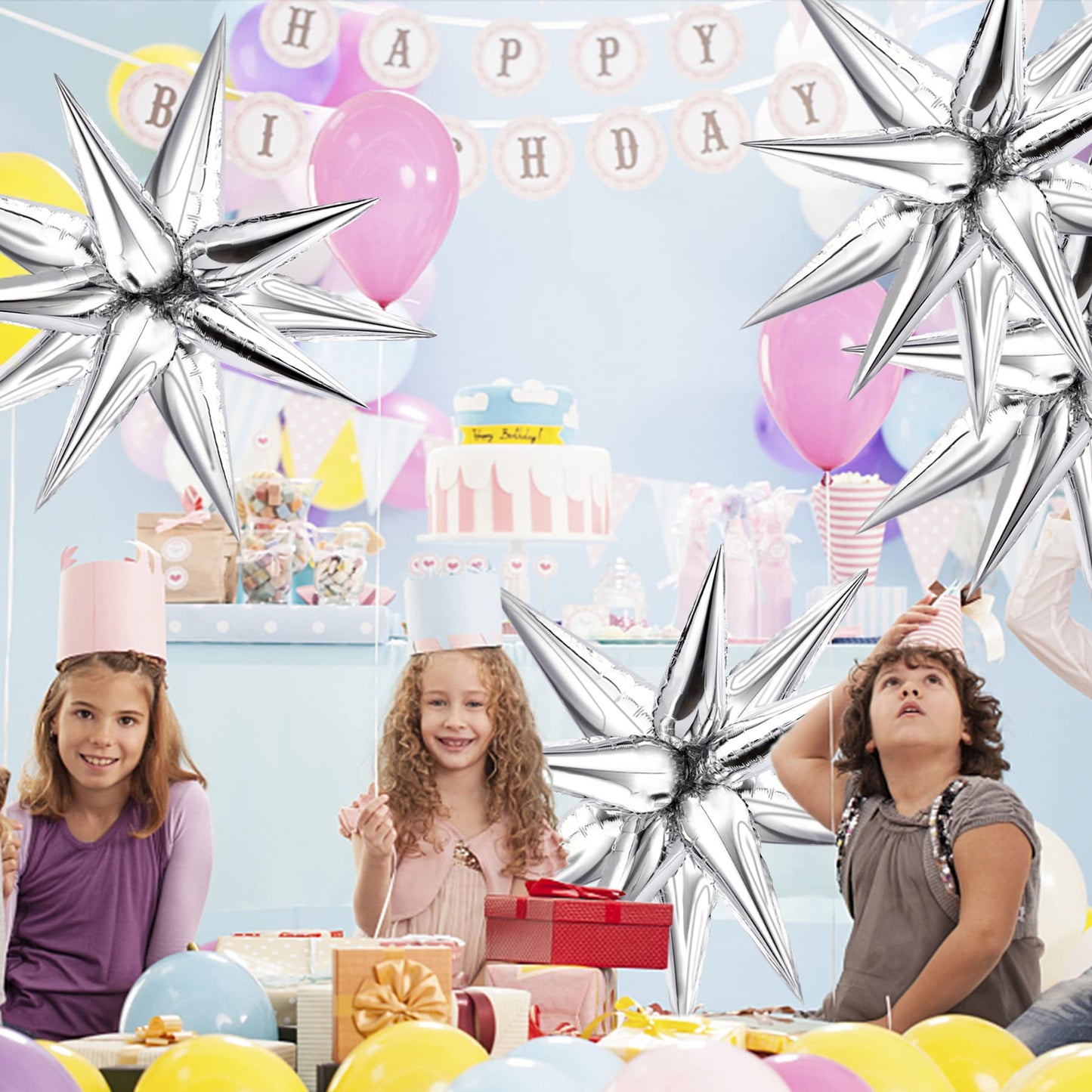 Novwang 75 Pcs Explosion Star Foil Balloons 12 Point Silver Starburst Cone Mylar Balloons For Party Supplies Christmas Birthday Wedding Baby Shower Photo Booth (Silver)