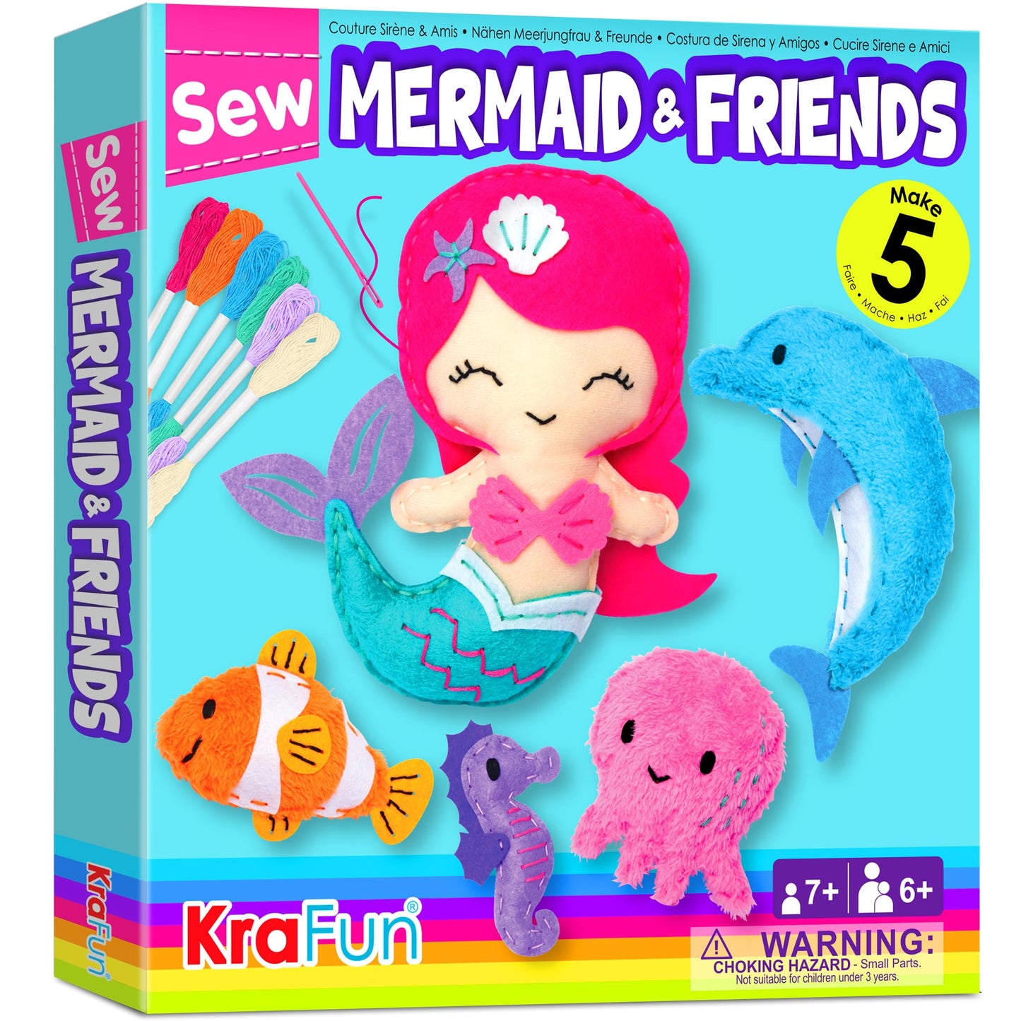 KRAFUN Mermaid Sea Animals Beginner Sewing Kit for Kids Art & Craft kit, Includes 5 Soft Plush Dolls, Instructions & Felt Materi