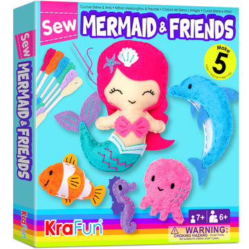 KRAFUN Mermaid Sea Animals Beginner Sewing Kit for Kids Art & Craft kit, Includes 5 Soft Plush Dolls, Instructions & Felt Materi