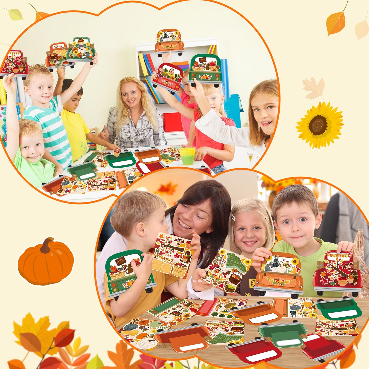 Cy2Side Fall Truck Stickers Scene - 12Pcs Hello Autumn Stickers Scene For Kids Make A Truck Sticker Scene With Pumpkin Maple Make Your Own Fall Truck Art Craft Diy Fall Party Games Class Activities