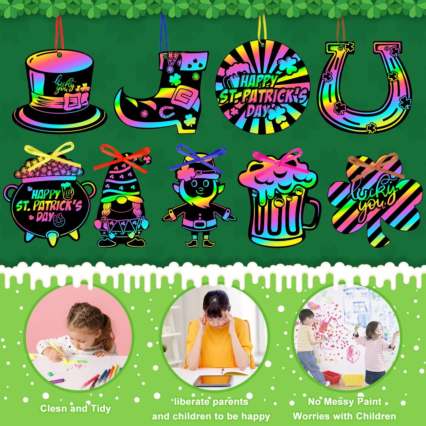 Julmelon 36 Pcs St Patricks Day Scratch Art For Kids, St. Patricks Day Crafts For Kids Rainbow Color Magic Scratch Paper Cards S