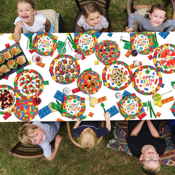 Building Block Party Supplies Paper Plates Napkins Cups Tablecloth Banner For Colorful Building Block Birthday Party Decorations