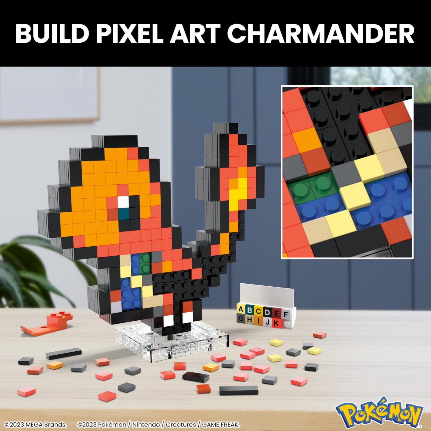 Mega Pok?mon Glumanda HTH76 - Buildable Retro Pixel Art Figure with Wall Mount Base for mature-themed Builders and Collectors