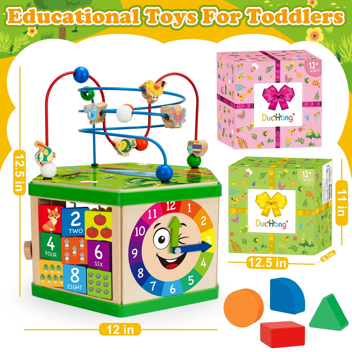 Wooden Activity Cube For 12-18 Month, 1 Year Old Boys & Girls, 7-In-1 Stem Montessori Early Developmental Learning Toys For Kids