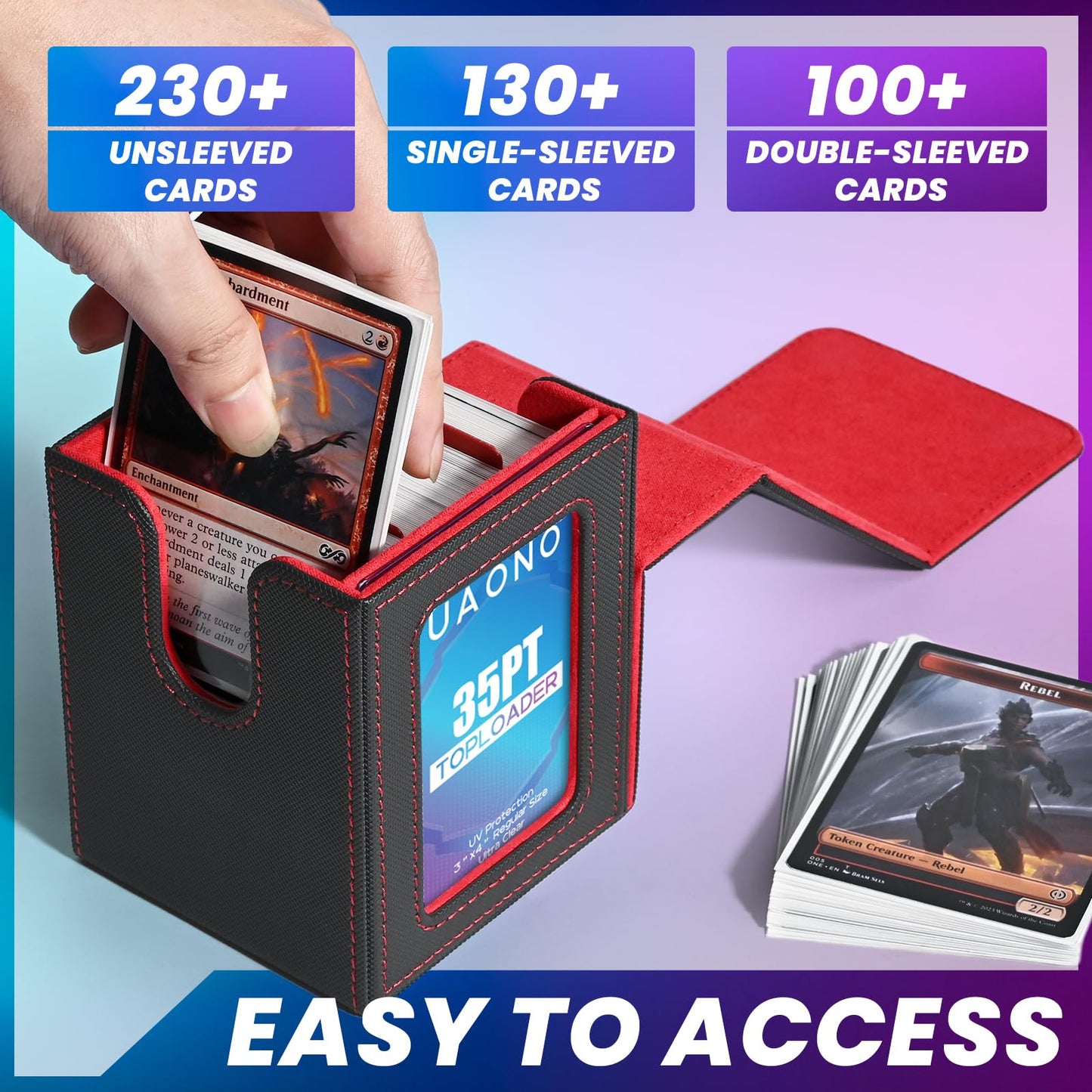 Uaono Card Deck Box With Mtg Commander Display, Deck Case Holds 100+ Double-Sleeved Cards, Trading Card Storage Box Fits Tcg/Ptcg/Sports Card With 2 Dividers, 1 Toploader (Grey, Red)