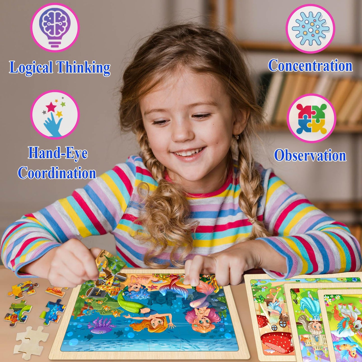 WaaLod Wooden Puzzles for Kids, 4 Pack, 24 Pieces, Educational Toys for Ages 4-6, Unicorn, Mermaid, Princess, Elf