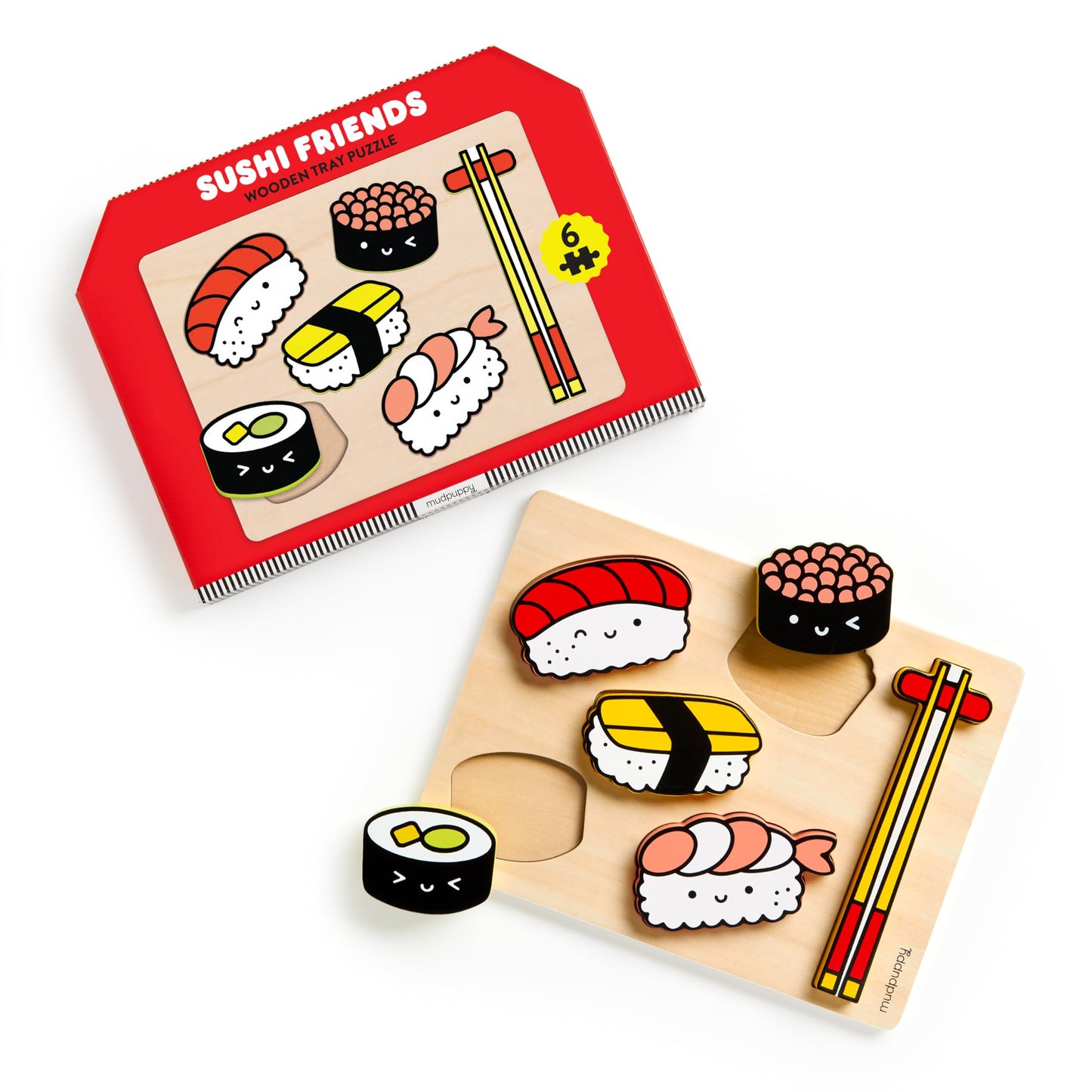 Mudpuppy Sushi Friends - Wooden Tray Puzzle with 6 Delicious Sushi Shaped Pieces and Plywood Tray for Babies and Toddlers