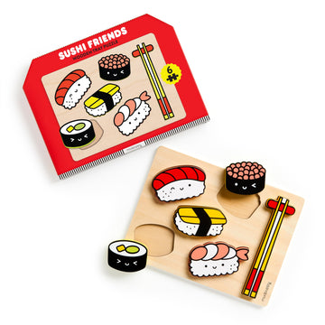 Mudpuppy Sushi Friends - Wooden Tray Puzzle with 6 Delicious Sushi Shaped Pieces and Plywood Tray for Babies and Toddlers